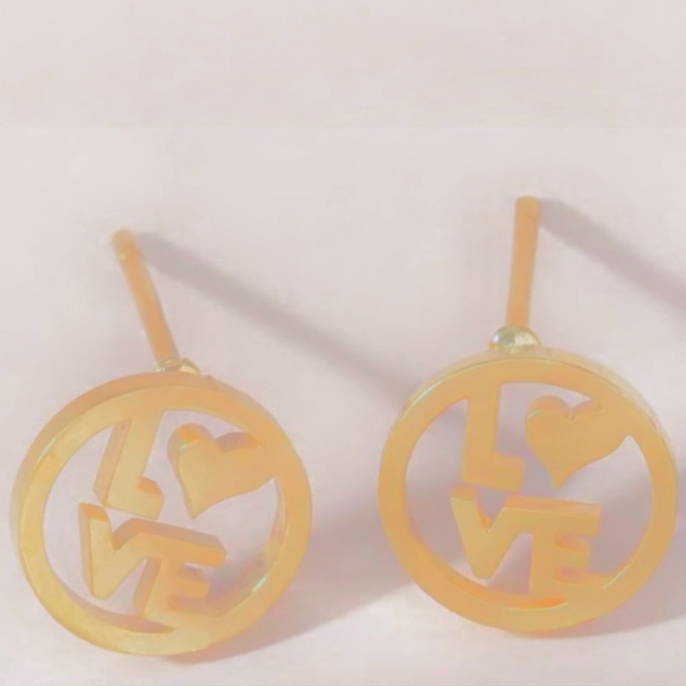 “LOVE” Letters Heart Gold Stainless Steel Cut-Out Circle Romance Mini Tiny Studs - Picture 8 of 11